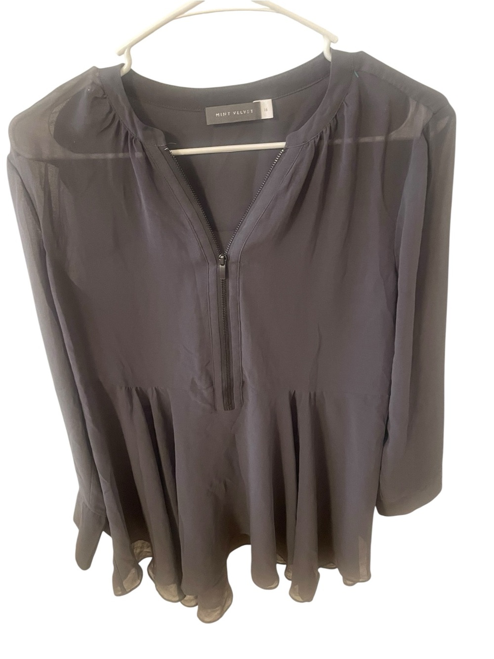 Mint Velvet Gray Sheer Zip Front Blouse Size 16